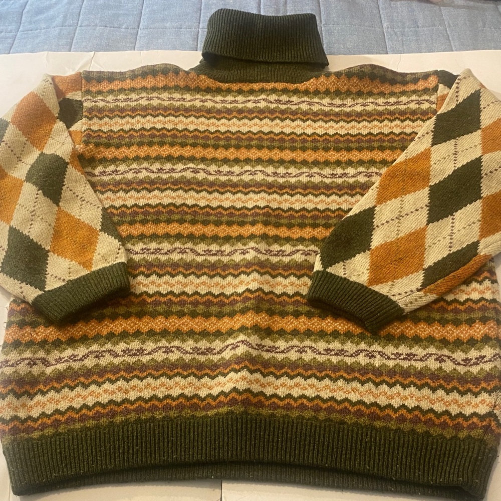 Vintage Esprit Men's 80% Lambswool Green, Orange and Beige Turtleneck Sweater